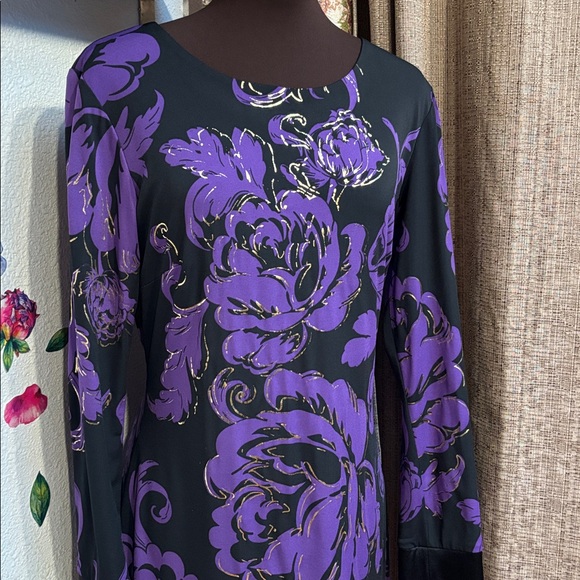Cache, elegant black purple and gold floral long sleeve mini dress. Size 10. - Picture 4 of 17